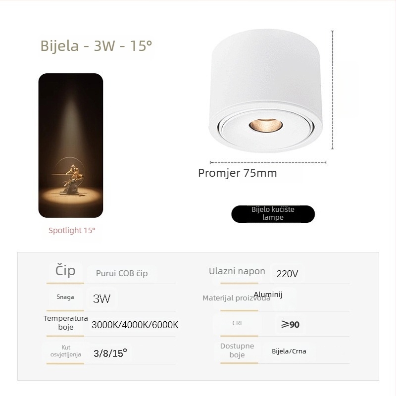Izuzetno tanak COB spot svjetlo s prilagodljivim kutovima snopa (3°, 8°, 15°) za ambijent čajne sobe, 3W
