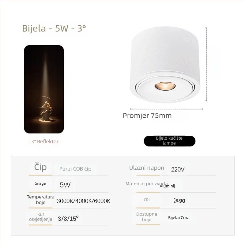 Izuzetno tanak COB spot svjetlo s prilagodljivim kutovima snopa (3°, 8°, 15°) za ambijent čajne sobe, 3W
