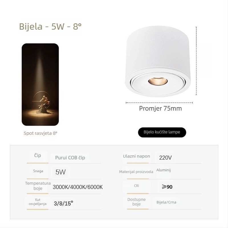 Izuzetno tanak COB spot svjetlo s prilagodljivim kutovima snopa (3°, 8°, 15°) za ambijent čajne sobe, 3W