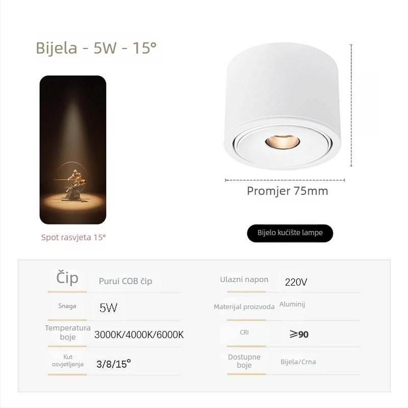 Izuzetno tanak COB spot svjetlo s prilagodljivim kutovima snopa (3°, 8°, 15°) za ambijent čajne sobe, 3W