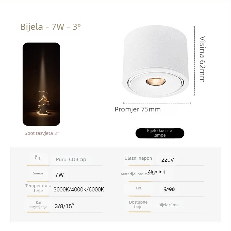 Izuzetno tanak COB spot svjetlo s prilagodljivim kutovima snopa (3°, 8°, 15°) za ambijent čajne sobe, 3W