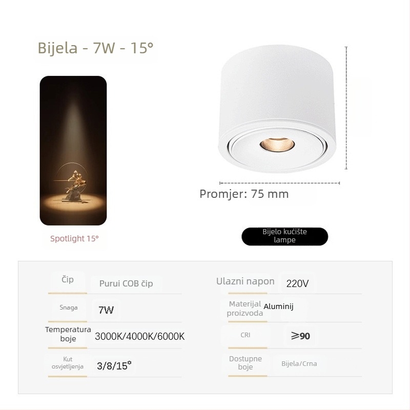 Izuzetno tanak COB spot svjetlo s prilagodljivim kutovima snopa (3°, 8°, 15°) za ambijent čajne sobe, 3W
