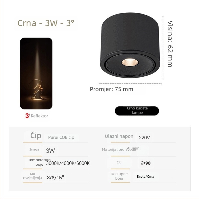 Izuzetno tanak COB spot svjetlo s prilagodljivim kutovima snopa (3°, 8°, 15°) za ambijent čajne sobe, 3W