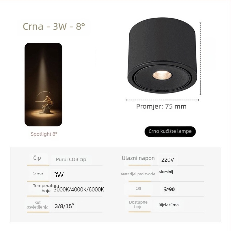 Izuzetno tanak COB spot svjetlo s prilagodljivim kutovima snopa (3°, 8°, 15°) za ambijent čajne sobe, 3W