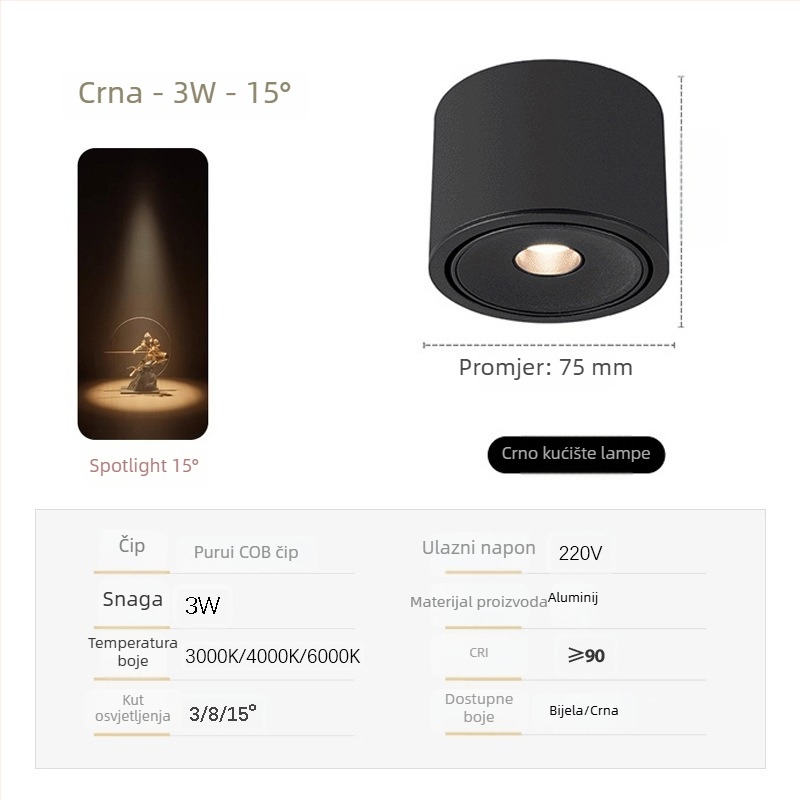 Izuzetno tanak COB spot svjetlo s prilagodljivim kutovima snopa (3°, 8°, 15°) za ambijent čajne sobe, 3W
