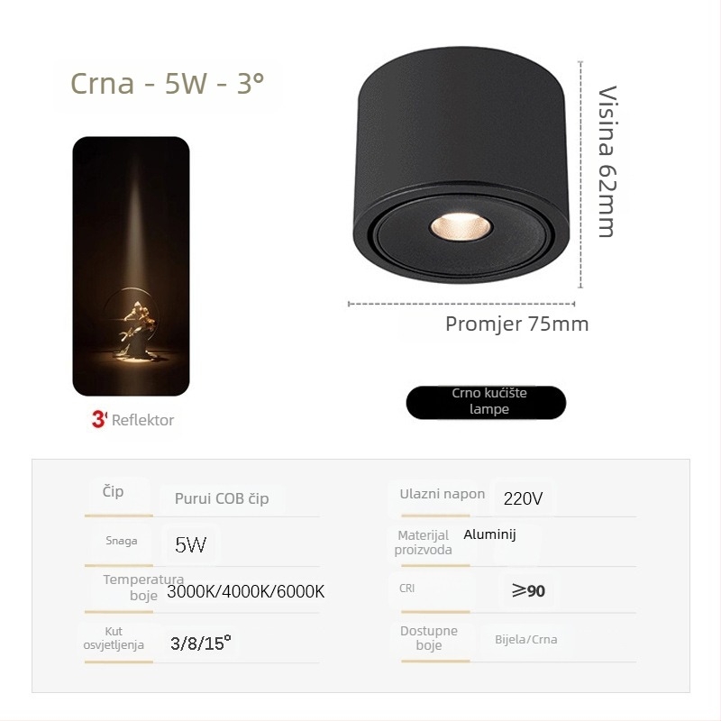 Izuzetno tanak COB spot svjetlo s prilagodljivim kutovima snopa (3°, 8°, 15°) za ambijent čajne sobe, 3W