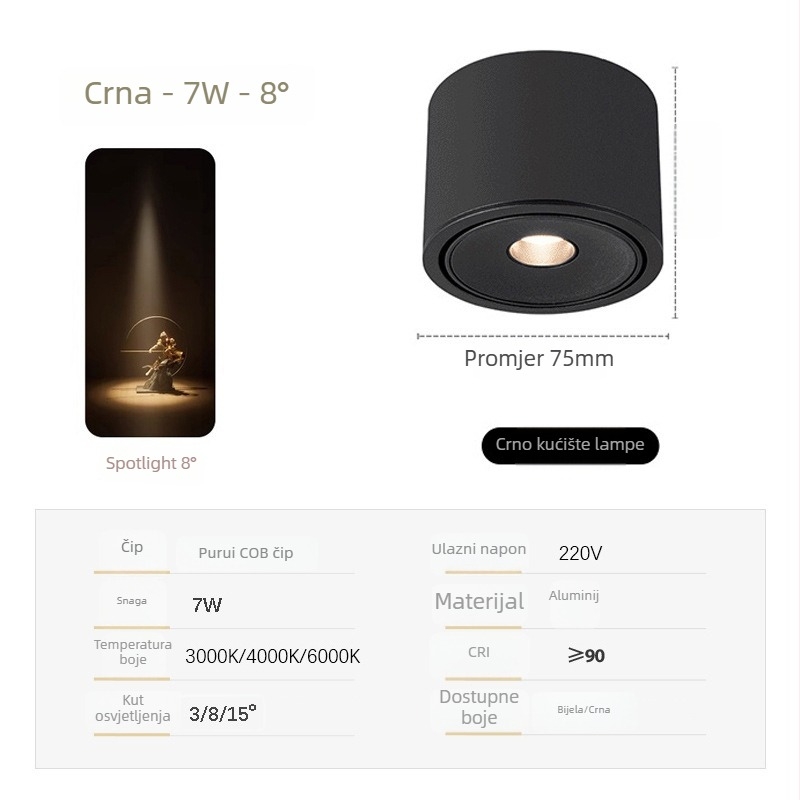 Izuzetno tanak COB spot svjetlo s prilagodljivim kutovima snopa (3°, 8°, 15°) za ambijent čajne sobe, 3W