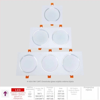 Kvadratni LED downlight s 1/3 glavom, anti-zamućenje, arhitektonsko stropno svjetlo s ugrađenom rešetkom