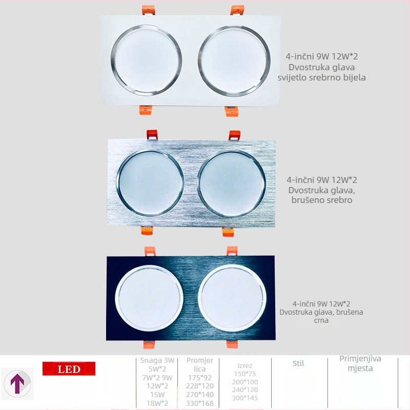 Kvadratni LED downlight s 1/3 glavom, anti-zamućenje, arhitektonsko stropno svjetlo s ugrađenom rešetkom