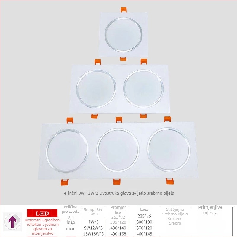Kvadratni LED downlight s 1/3 glavom, anti-zamućenje, arhitektonsko stropno svjetlo s ugrađenom rešetkom