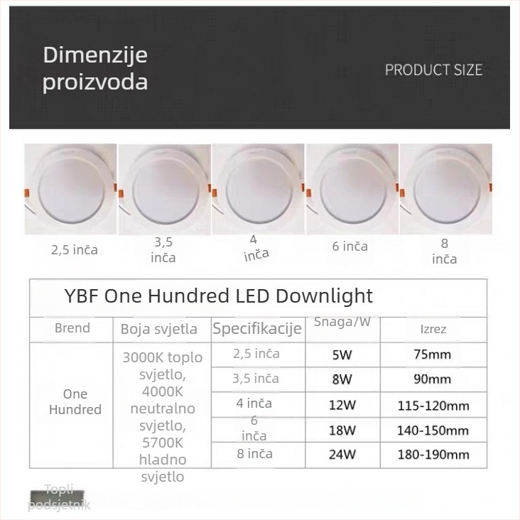 LED ugrađeni downlight u strop, 8W/12W/18W, za dom, trgovinu i showroom