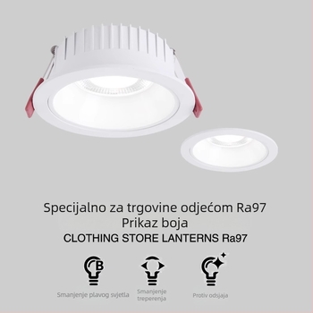 LED downlight za maloprodaju – 4500K anti‑blještanje, bez treperenja, COB, 21–30W, aluminijsko kućište, skrivena montaža, otvor Ø120 mm, ukupna duljina 135 mm, moderan minimalistički dizajn, CRI ≥90