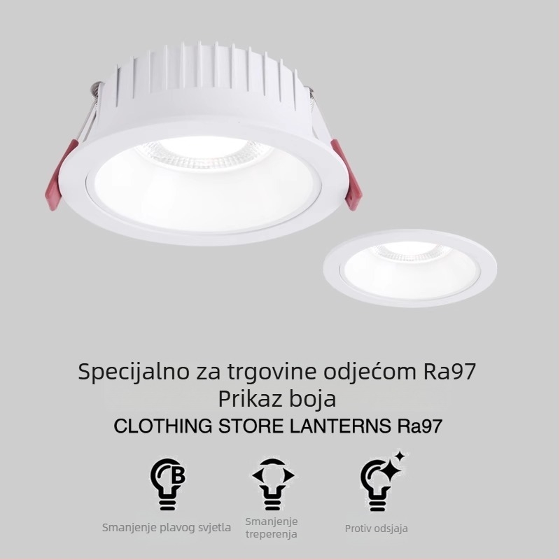 LED downlight za maloprodaju – 4500K anti‑blještanje, bez treperenja, COB, 21–30W, aluminijsko kućište, skrivena montaža, otvor Ø120 mm, ukupna duljina 135 mm, moderan minimalistički dizajn, CRI ≥90