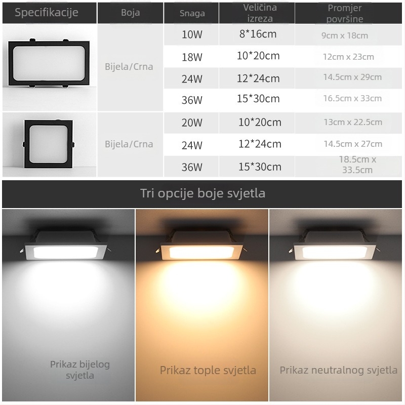 LED mrežno svjetlo za plafon, ugrađeno, crna kvadratna dvostruka glava downlight, otvor mreže 15x15 cm, kućište 10x20 cm