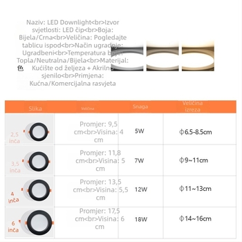 Crno ugrađeno LED stropno downlight, regulacija tri boje temperature, pogodna za dnevni boravak, otvor 7,5–16 cm