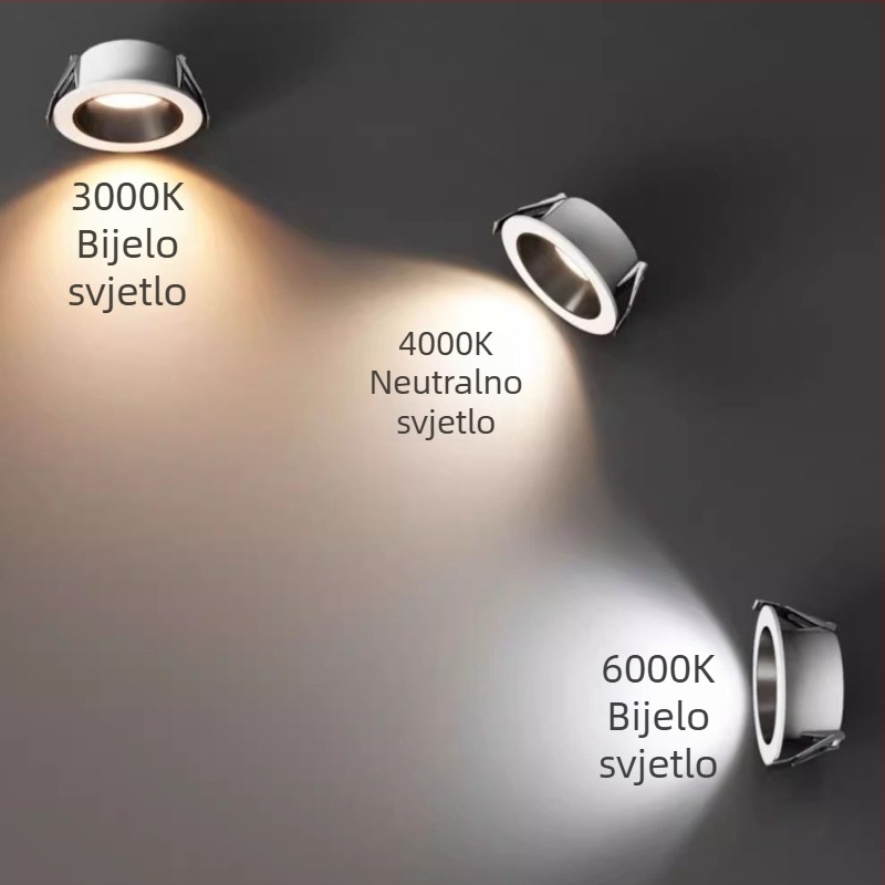 Ugradni COB LED downlight s dubokom anti-glare kupolom, izuzetno uski okvir, bez glavne svjetlosti, dnevni boravak, moderan stil