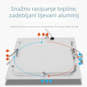Izuzetno tanak kvadratni LED downlight za dnevnu sobu, ugradbeni, 12W, otvor 9–12 cm, aluminijsko kućište, 6000K
