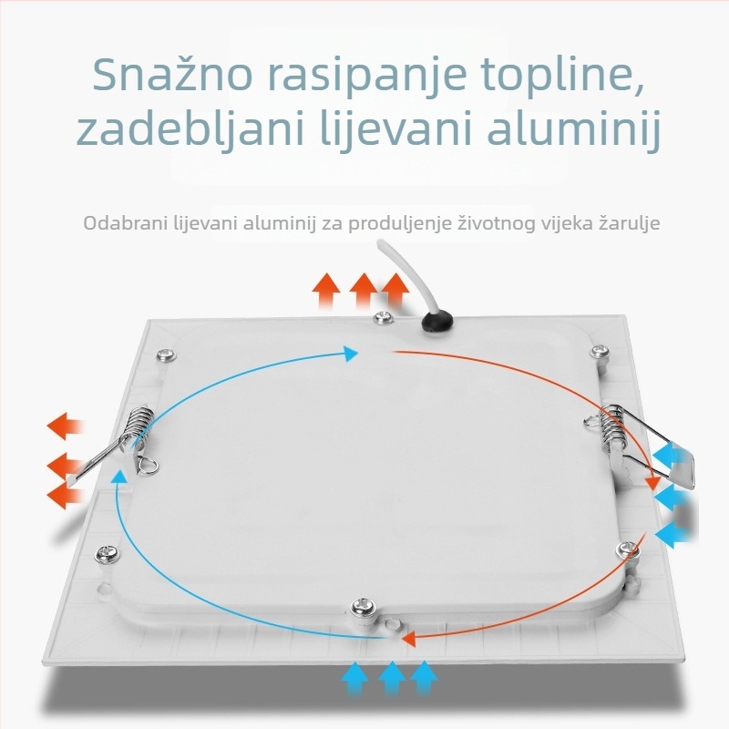 Izuzetno tanak kvadratni LED downlight za dnevnu sobu, ugradbeni, 12W, otvor 9–12 cm, aluminijsko kućište, 6000K
