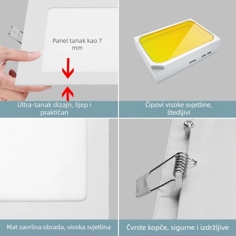 Izuzetno tanak kvadratni LED downlight za dnevnu sobu, ugradbeni, 12W, otvor 9–12 cm, aluminijsko kućište, 6000K