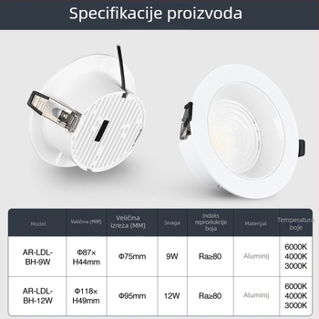 Ultra-tanki LED ugrađeni downlight, 9–12W, dnevni boravak, hodnik ili spavaća soba, aluminijsko kućište, 3000K/4000K/6500K