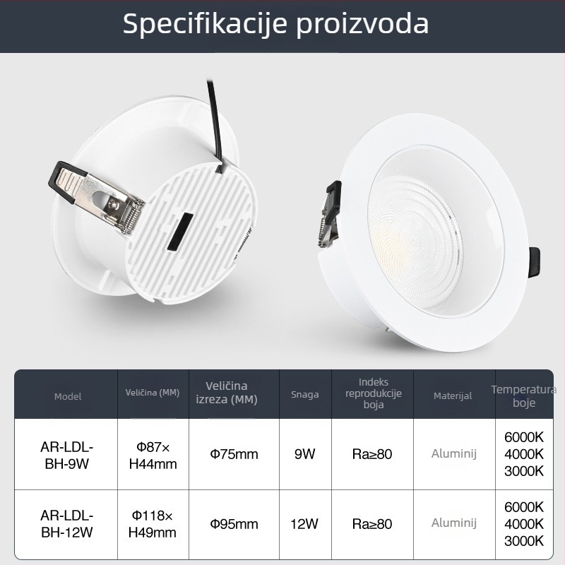 Ultra-tanki LED ugrađeni downlight, 9–12W, dnevni boravak, hodnik ili spavaća soba, aluminijsko kućište, 3000K/4000K/6500K