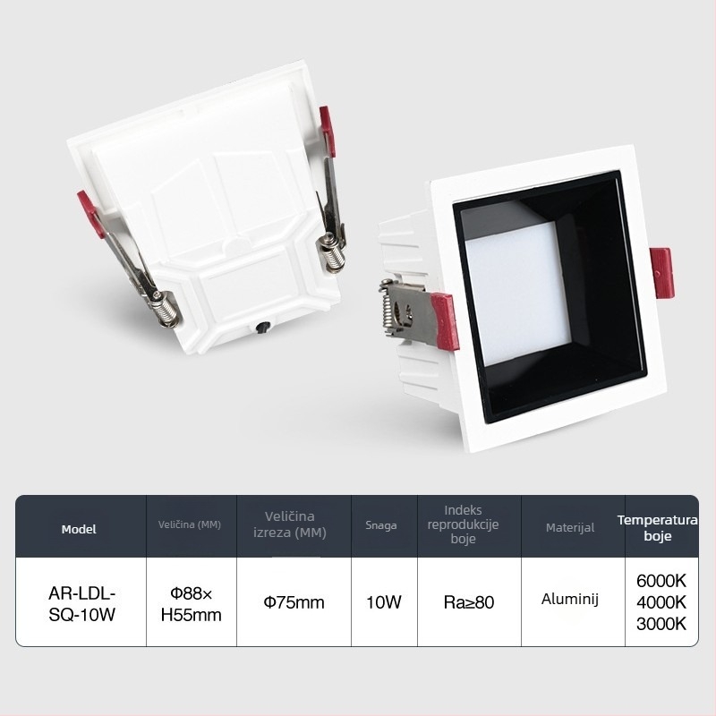 Izuzetno tanak ugrađeni LED downlight s pravokutnom rešetkom, COB, aluminijsko kućište, 16–20W, 170–260V, 3000K/4000K/6500K