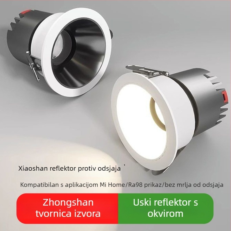 Ugrađeni LED reflektor s uskim okvirom, bez glavnog izvora svjetla, duboko anti‑glare, za dnevni boravak, visok indeks boja, bez sekundarnog izvora svjetla, svjetlo u brdskom stilu