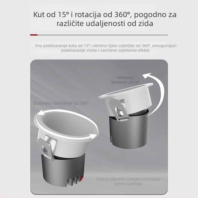 Ugrađeni LED reflektor s uskim okvirom, bez glavnog izvora svjetla, duboko anti‑glare, za dnevni boravak, visok indeks boja, bez sekundarnog izvora svjetla, svjetlo u brdskom stilu