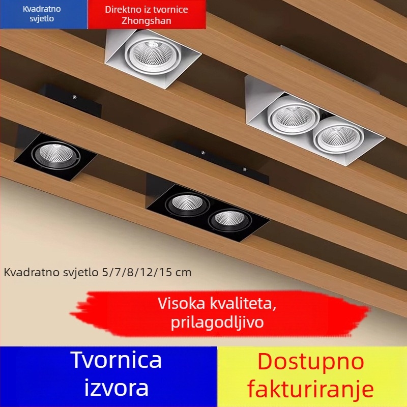 Kvadratni LED spot svjetiljka s rešetkom za strop, namijenjena komercijalnoj upotrebi, s jednom ili dvjema glavama, COB izvor, površinska montaža