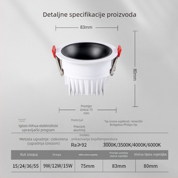 LED duboko anti-sjajni downlight, otvor 75-95 mm, puni spektar, visoka učinkovitost, 11-15W, aluminijsko kućište, 4500K, CRI ≥90