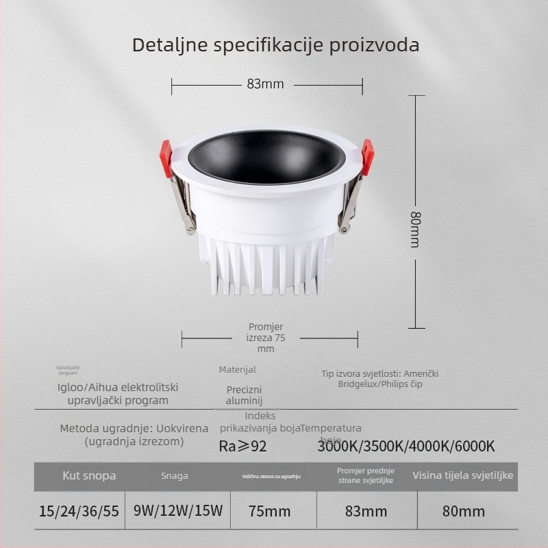 LED duboko anti-sjajni downlight, otvor 75-95 mm, puni spektar, visoka učinkovitost, 11-15W, aluminijsko kućište, 4500K, CRI ≥90