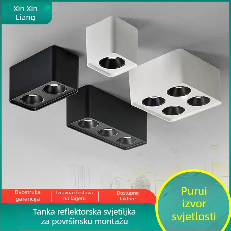 Površinski montirani ultra-tanki kvadratni COB LED downlight za dnevni boravak i spavaću sobu, anti-blještanje, konfiguracija 3 ili 4 glave