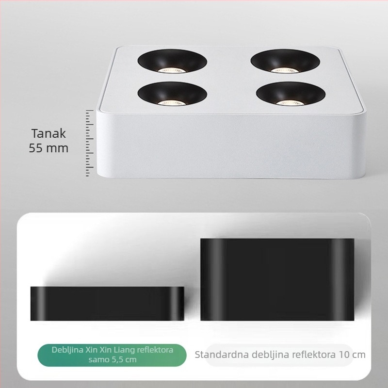 Površinski montirani ultra-tanki kvadratni COB LED downlight za dnevni boravak i spavaću sobu, anti-blještanje, konfiguracija 3 ili 4 glave
