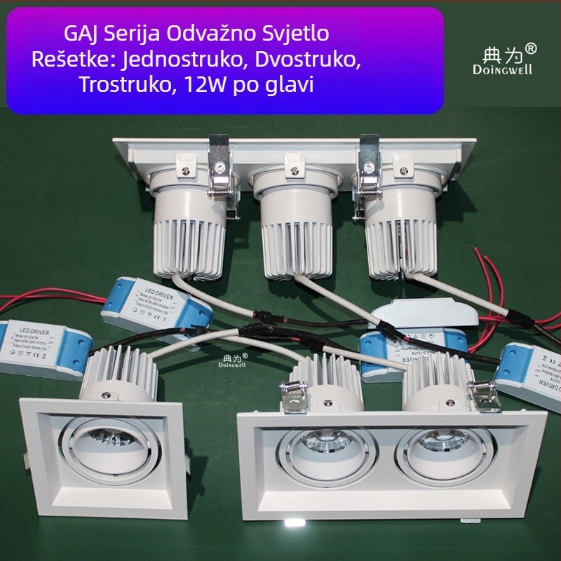 Jednooki ugrađeni LED reflektor, kvadratni, 12W/8W, otvor za ugradnju 95×95 mm, za vile, kuće i hotele, kvadratna rešetkasta svjetiljka