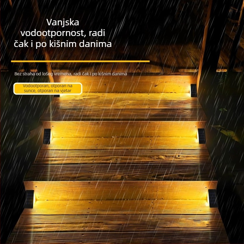 Nova vanjska solarna svjetiljka za stepenice s 7 LED, za četiri kuta stepeništa; dekorativno osvjetljenje dvorišta, vrta i terase