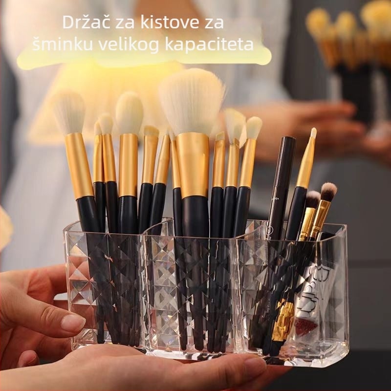 Prozirni acrilni organizator za četkice za šminku s tri odjeljka, velik kapacitet, dijamantni uzorak