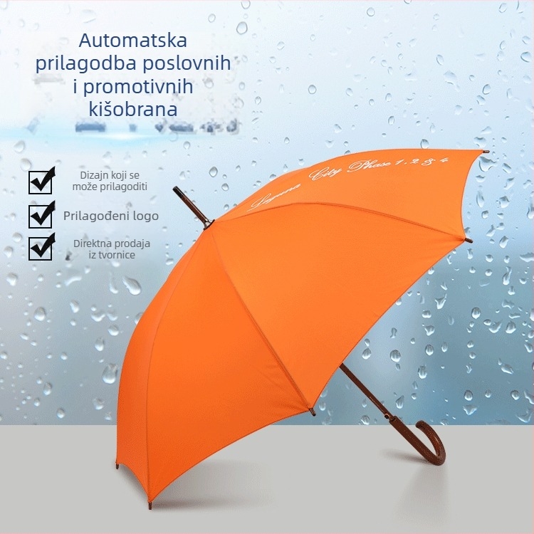 Retro kišobran s zakrivljenom drškom od drveta i ravnom osovinom, jednofarbna tkanina, prilagodba logotipa, UV zaštita, promjer 105 cm, 8 rebara