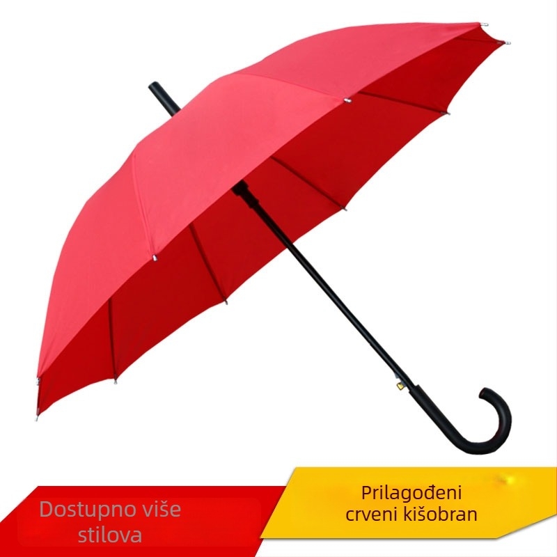Crveni kišobran s dugom drškom i otiskom logotipa – reklamni poklon kišobran