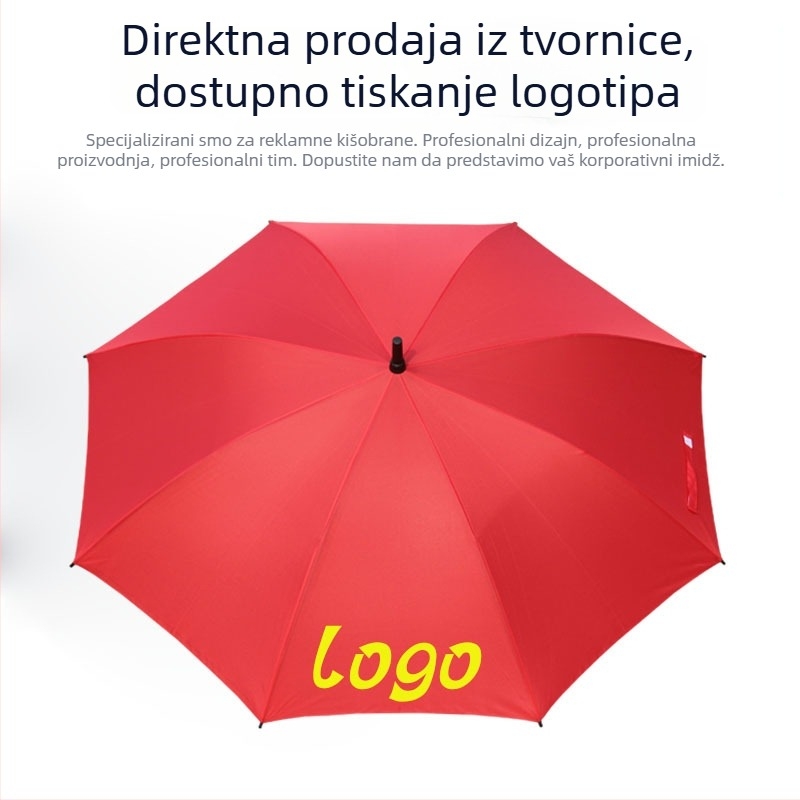 Crveni kišobran s dugom drškom i otiskom logotipa – reklamni poklon kišobran