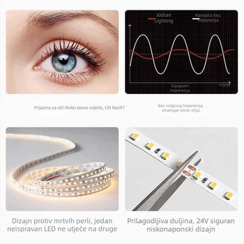 LED trak s punim spektrom, 24V, samoljepljiv, zaštita očiju, bez treperenja, CRI 98, 120 LED/m, 8 mm, unutarnje rasvjetno osvjetljenje, aluminijski kanal