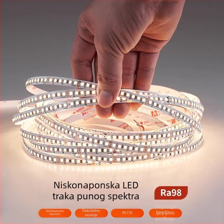 LED trak s punim spektrom, 24V, samoljepljiv, zaštita očiju, bez treperenja, CRI 98, 120 LED/m, 8 mm, unutarnje rasvjetno osvjetljenje, aluminijski kanal