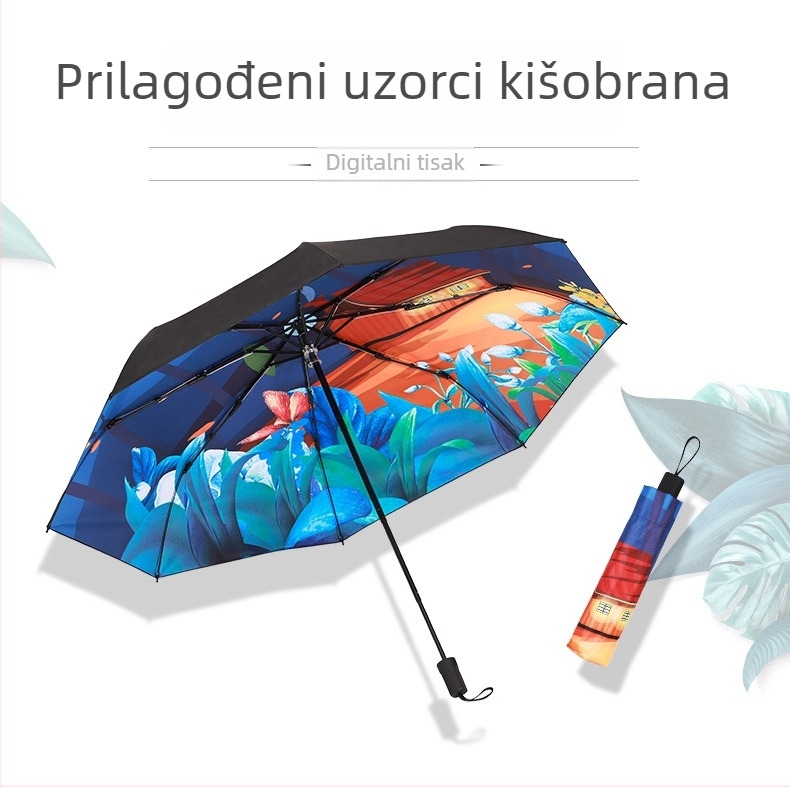 Prilagođeni reklamni kišobran s potpunom otiskom na vinilnoj tkanini, sklopivi sunčani kišobran, 8 rebara, ručno otvaranje zatvaranje, mogućnost otiska logotipa