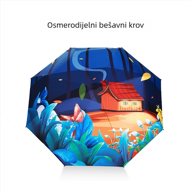 Prilagođeni reklamni kišobran s potpunom otiskom na vinilnoj tkanini, sklopivi sunčani kišobran, 8 rebara, ručno otvaranje zatvaranje, mogućnost otiska logotipa
