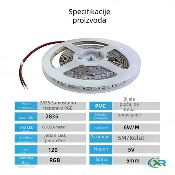 RGB LED traka s niskim naponom, 2835 LED, 5V, 60 LED po metru, širina 5 mm, unutarnja rasvjeta, visoka svjetlina, nije dimabilna