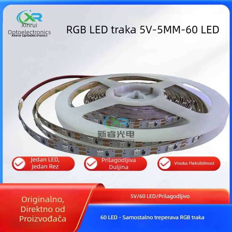 RGB LED traka s niskim naponom, 2835 LED, 5V, 60 LED po metru, širina 5 mm, unutarnja rasvjeta, visoka svjetlina, nije dimabilna