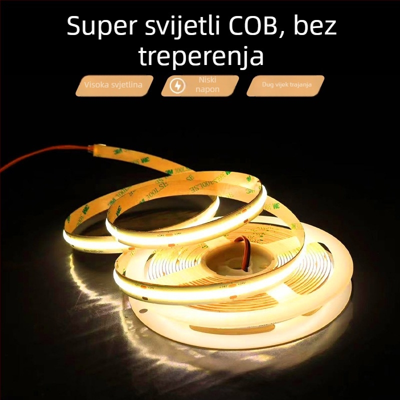 12V COB LED traka, samoljepljiva i ugrađena u kanal za osvjetljenje, linearno osvjetljenje za ormariće i vitrine, regulabilna jačina svjetla