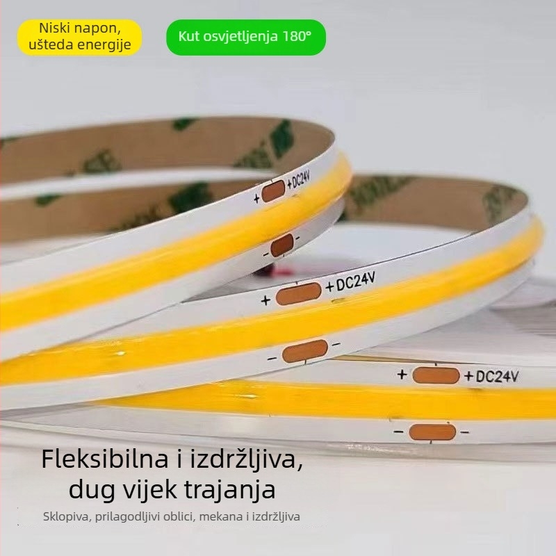12V COB LED traka, samoljepljiva i ugrađena u kanal za osvjetljenje, linearno osvjetljenje za ormariće i vitrine, regulabilna jačina svjetla