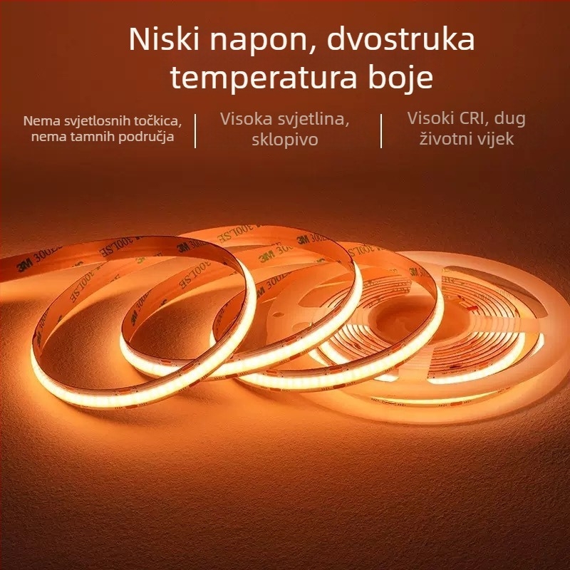 LED traka 24V 608 dvostruke boje, samoljepljiva za ormariće, COB linearno osvjetljenje CRI 90