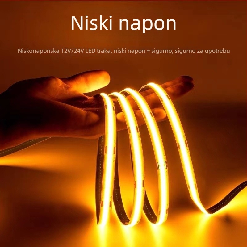 COB LED traka 24V, samolijepljiva ultra-tanka aluminijska kanal, niskonaponsko fleksibilno linearno osvjetljenje za ormari, visoka svjetlost