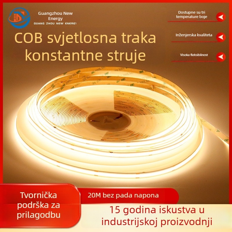 COB LED trak DC-48V, 20 m, jednostrani priključak, bez pada napona, CRI 90, širina 8 mm, samoljepljiva traka s bijelim svjetlom